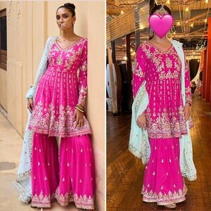 Pink Embroidered Women’s Lehenga Set with Light Blue Dupatta